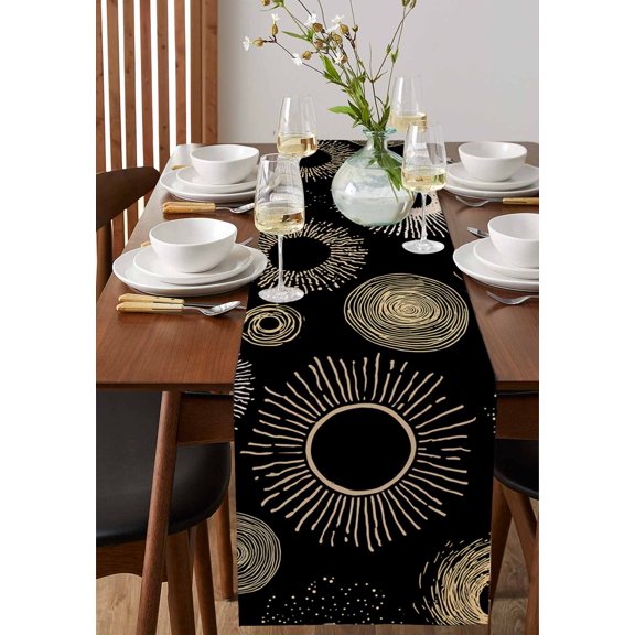 Boho Gold Line Circle Table Runner 13x72in Non-Slip Cotton Linen Table Runners, Abstract Geometric Style on Black Dresser Scarves TableRunner for Dinner Kitchen Dining Wedding Party