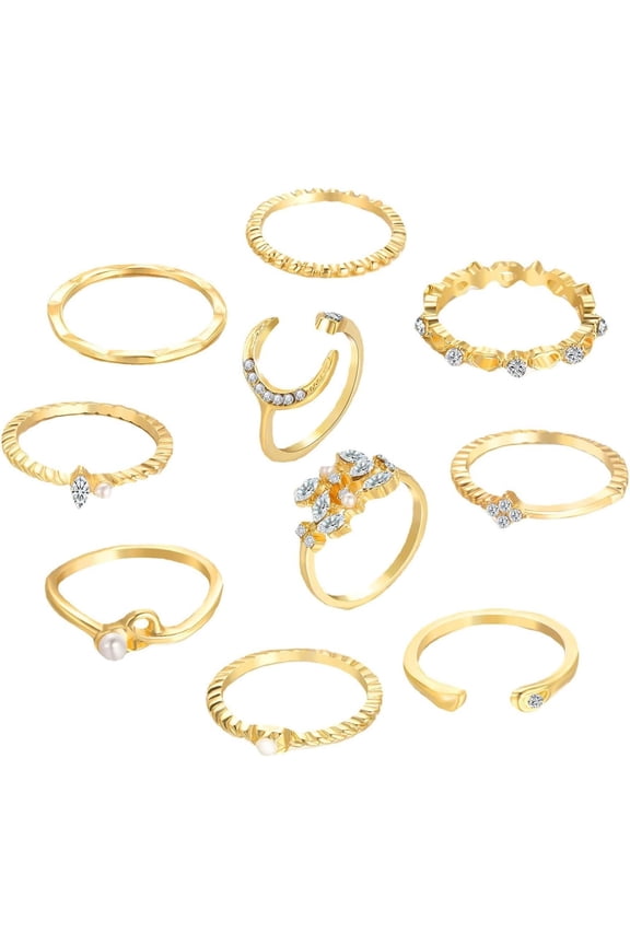 Boho Gold Sparkle Knuckle Rings Set for WomenTrendy Rhinestone Pearl Joint Ring Pack Retro Stackable Midi Finger Rings Jewelry Gifts
