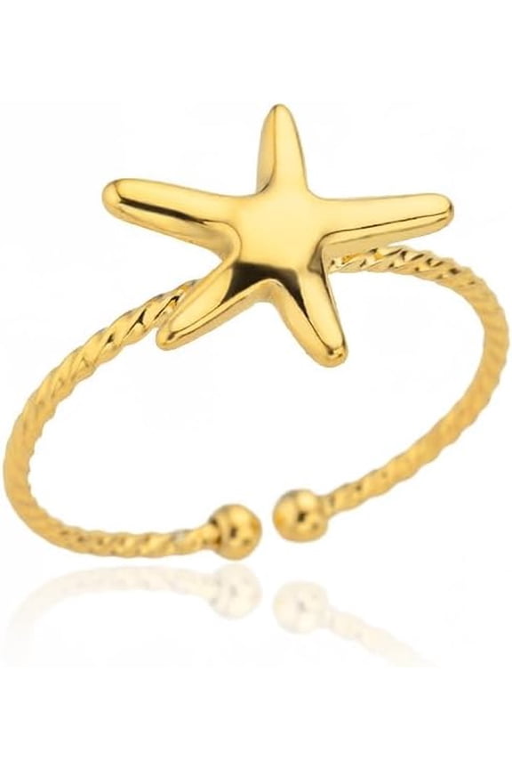 Boho Gold Starfish Open Wrap Stacking Ring for Women Fashion Adjustable Ocean Sea Star Statement Finger Band Tail Rings Beach Surfer Comfort Fit Charm Jewelry Chic Holiday Summer Party