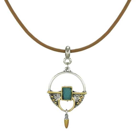 Boho Gold and Silver Tan Leather Cord Vintage Style Pendant Necklace – 18 inch