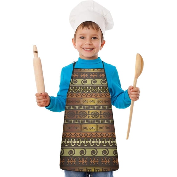 Boho Golden Ethnic Pattern Kids Aprons for Girls and Boys,Adjustable Neck Strap Toddler Aprons for Kids Cooking Baking