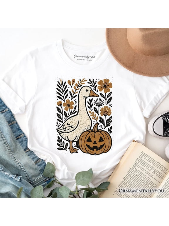 Boho Goose Halloween Pumpkin T-Shirt, Spooky Fall Floral Tee