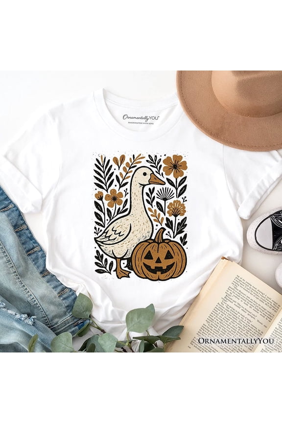 Boho Goose Halloween Pumpkin T-Shirt, Spooky Fall Floral Tee