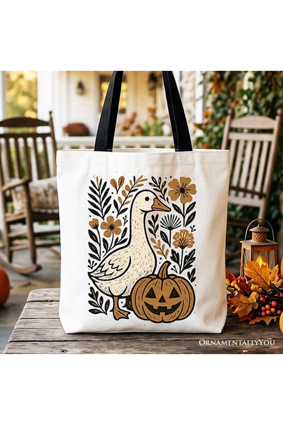 Boho Goose Halloween Pumpkin Tote Bag, Spooky Fall Floral Gift Shopper