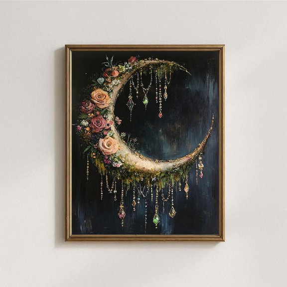 Boho Gothic Crescent Moon Poster With Dark Florals And Jewels