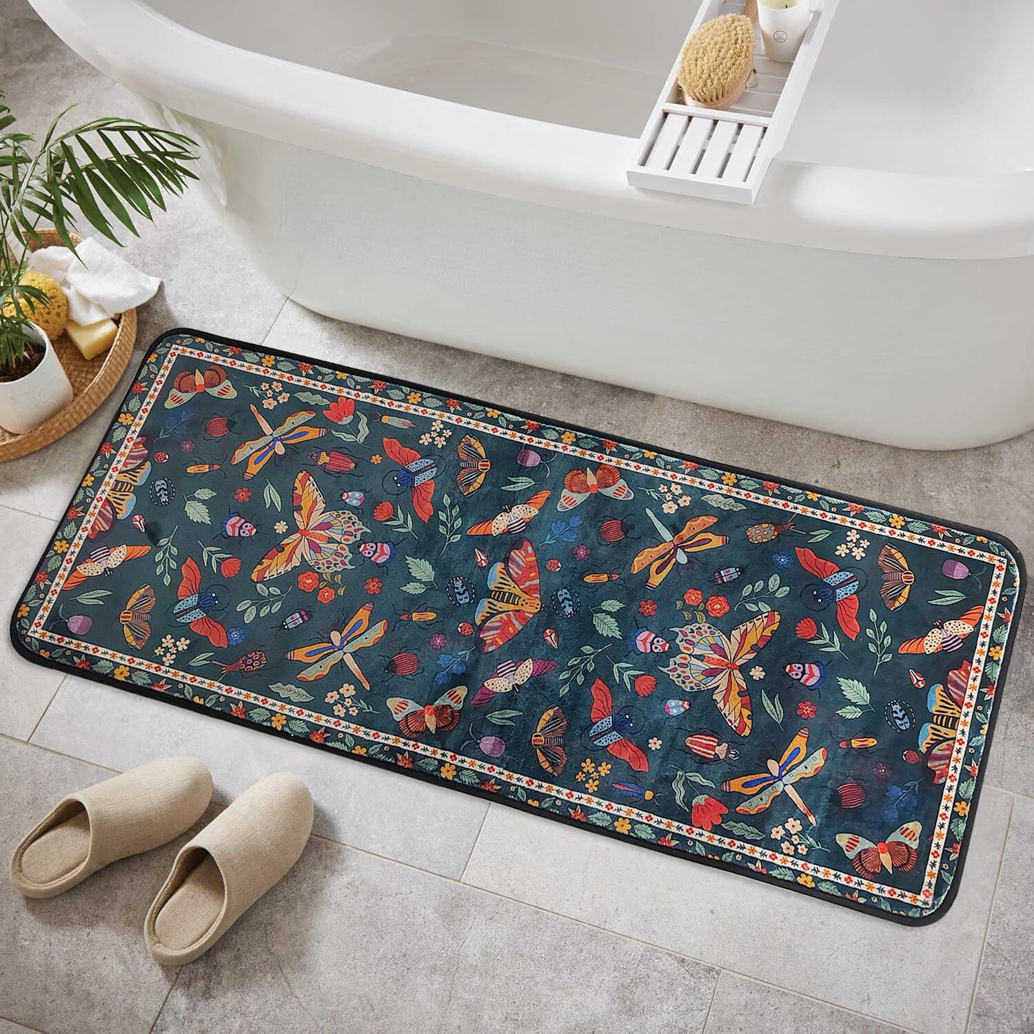 Boho Gothic Moth Bath Rug Runner 47 * 16inch Butterfly Plant Floral Bathroom Mat Non Slip Absorbent Cute Leaves Bathroom Mats