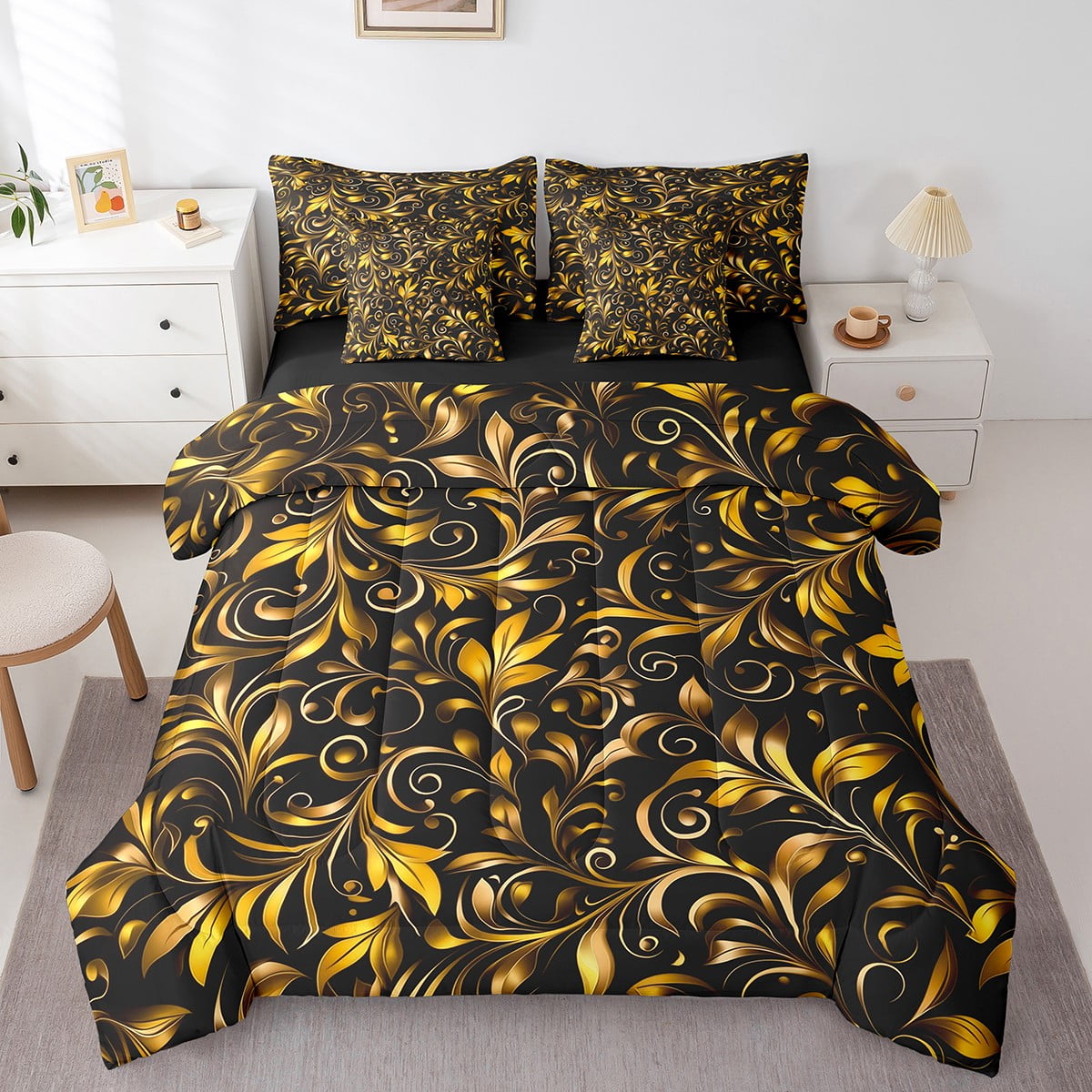 Boho Gothic Queen Comforter Set 7 Piece Black Gold Damask Goth Bedding ...