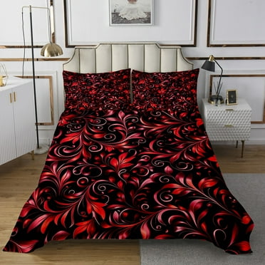 Boho Gothic Twin Quilt Set Black Red Damask Goth Bedspread Set Vintage Antique Victorian Baroque Coverlet Set For Adults Men Women Bohemian Exotic Paisley Floral Bedding Set 2 Pcs