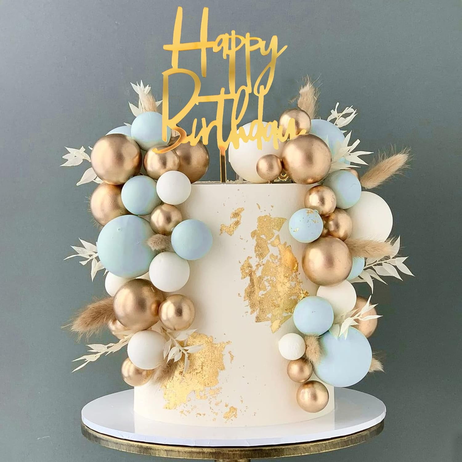 Boho Grass Cake Topper Set - Blue Balls Cake Topper with White and Gold ...