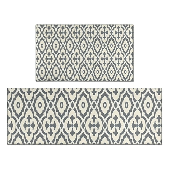 Boho Gray and Beige Floral Ethnic Pattern Kitchen Rugs Sets Of 2,Anti Fatigue Kitchen Mat Rugs Non Slip Washable,Decorative Kitchen Floor Mats for Kitchen,Sink,Laundry,17"x30"+17"x47"