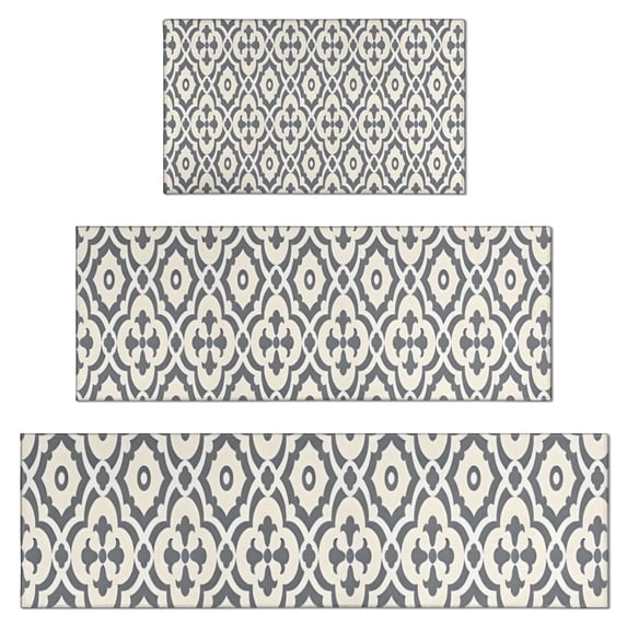 Boho Gray and Beige Floral Ethnic Pattern Kitchen Rugs Sets Of 3,Kitchen Runner Rugs Non Skid Washable,Decorative Kitchen Floor Mats for Kitchen,Sink,Laundry,17"x30"+ 17"x47" + 17"x59"