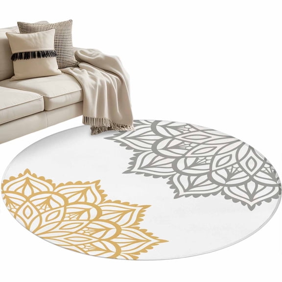 Boho Gray Beige Floral Large Area Rugs for Bedroom Living Room, Soft Non Slip Carpet Bedside Rug, Retro Abstract Art Flowers Round Floor Cover Kitchen Accent Rug 3' for Dining Room/Office