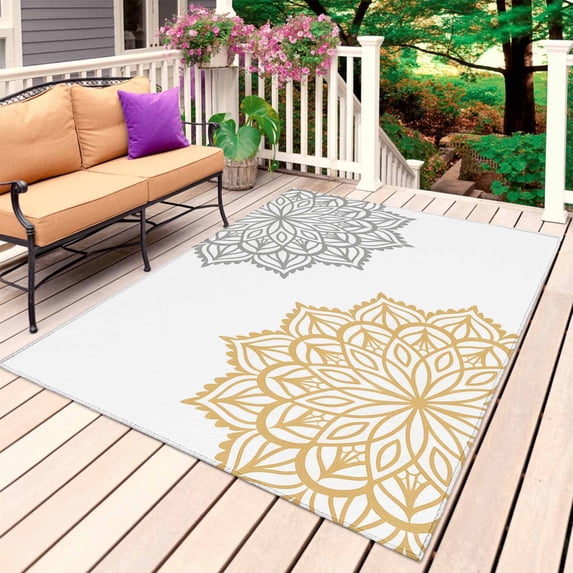 Boho Gray Beige Floral Outdoor Rug for Patio/Deck/Porch, Non-Slip Large Area Rug 4 x 6 Ft, Retro Abstract Art Flowers Indoor Outdoor Rugs Washable Area Rugs, Reversible Camping Rug Carpet Runner