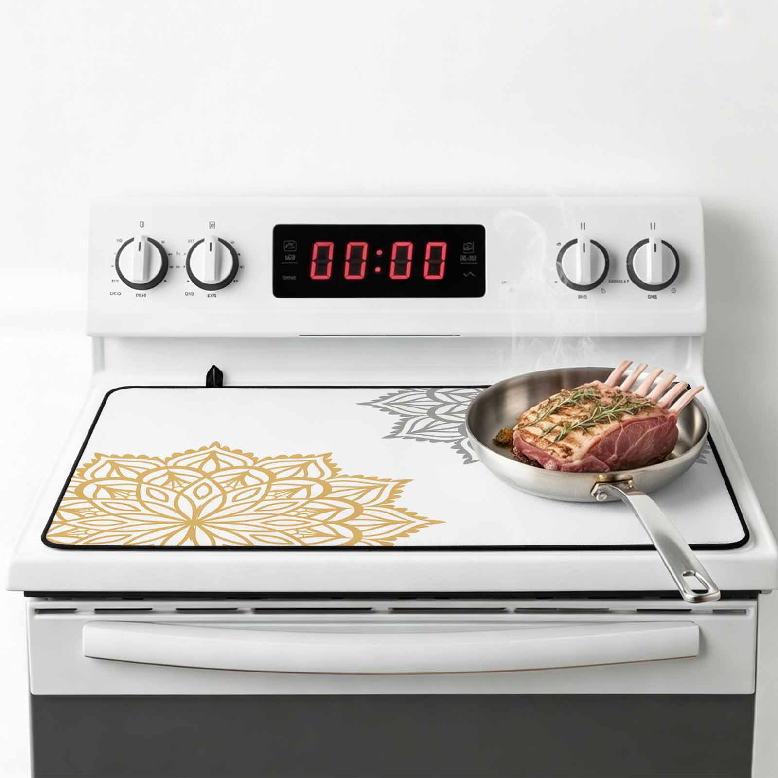 Boho Gray Beige Floral Stove Top Cover for Electric Stove, Heat-proof & Non Slip Glass Top Stove Cover Protector, Retro Abstract Art Flowers Kitchen Flat Cooktop Rubber Mat 24x21 Inches