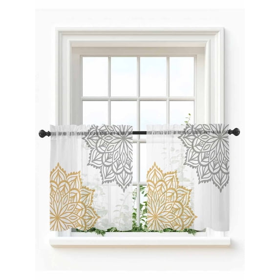 Boho Gray Beige Floral Tier Curtains 36 Inch Length,Sheer Curtains for Bedroom Living Room Window Retro Abstract Art Flowers Rod Pocket Drapes Kitchen Curtains Small Half Window 27.5"x36" 2 Panels