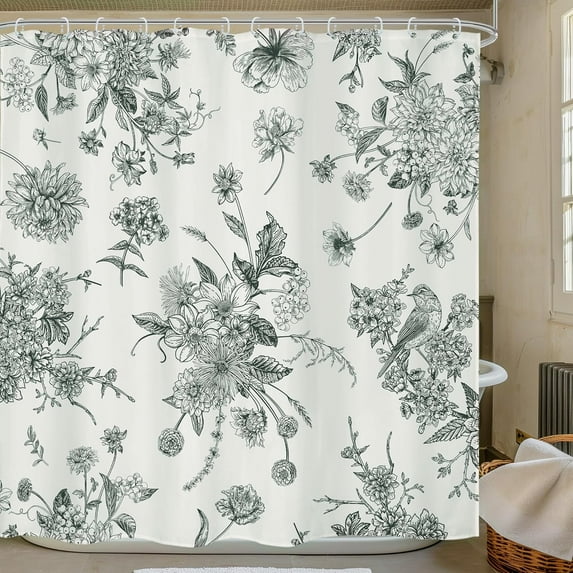 Boho Gray Floral Shower Curtain 72Wx72H Inches Vintage Blossom Bird Retro Rustic Farmhouse Chinoiserie Aesthetic Cream Fabric Waterproof Polyester Bathroom Home Decor Set with Hooks