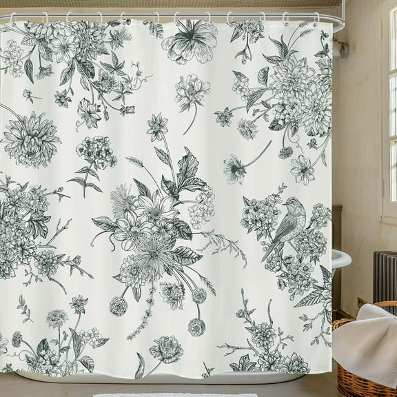 Boho Gray Floral Shower Curtain 72Wx72H Inches Vintage Blossom Bird Retro Rustic Farmhouse Chinoiserie Aesthetic Cream Fabric Waterproof Polyester Bathroom Home Decor Set with Hooks