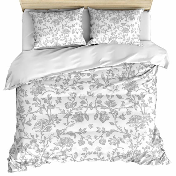 Boho Gray Flower Bedding 3 Piece Duvet Cover Set Queen Size, Vintage Farmhouse Leaf Spring Plant Soft Microfiber Comforter Cover with Zipper Closure & Pillowcases, Wrinkle & FadeResistant Quilt Cover