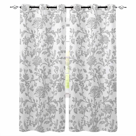 Boho Gray Flower Blackout Curtains 39 Inches Long,Thermal Insualted Grommet Curtains & Drapes,Vintage Farmhouse Leaf Spring Plant Room Darking Curtains for Living Room Bedroom 2 Panels 27.5"W x39"L