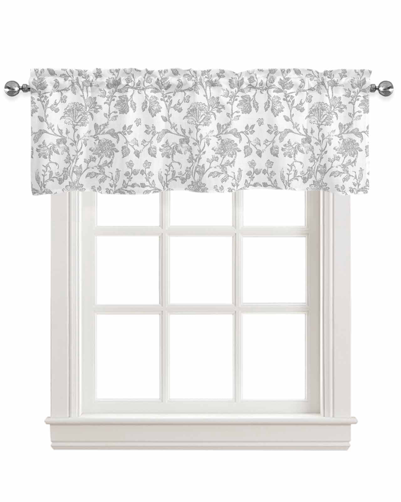 Boho Gray Flower Kitchen Valances for Windows Farmhouse Linen Window Valance Curtain for Living Room Window Treatment Vintage Farmhouse Leaf Spring Plant Valance Rod Pocket Topper Drape, 42 x 18 Inch