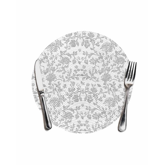 Boho Gray Flower Round Placemats for Dinning Tables,Heat-proof Braided Table Mats 13 Inch,Vintage Farmhouse Leaf Spring Plant Washable Place Mat for Kitchen Restaurant Party Decor Table Setting