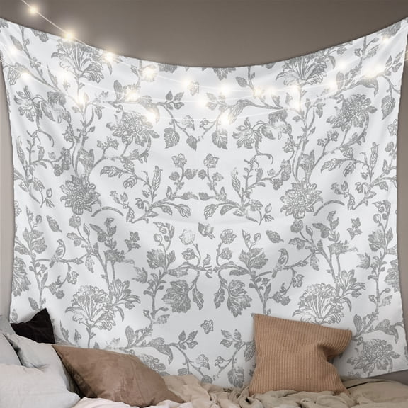 Boho Gray Flower Small Tapestry for Bedroom Wall Hanging Tapestry, Vintage Farmhouse Leaf Spring Plant Ceiling Backdrop Tapestries Poster Blanket Wall Decor for Teens Room Living Room Dorm 23" x 28"