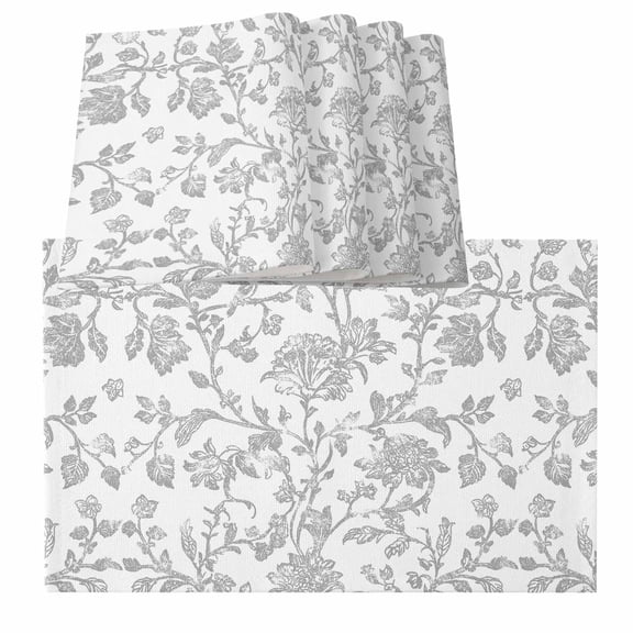 Boho Gray Flower Vintage Farmhouse Leaf Spring Plant Burlap Kitchen Place Mats Waterproof Cloth Table Mats, Indoor Outdoor Placemats Easy Clean Dinner Decor