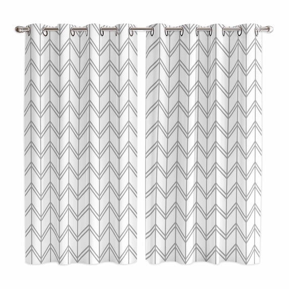 Boho Gray Kitchen Curtains 63 Inch Length, White Chevron Stripes Abstract Geometric Grommet Top Bedroom Living Room Curtains, Light Filtering Cafe Curtain Drapes 2 Panels Set 84''x63''
