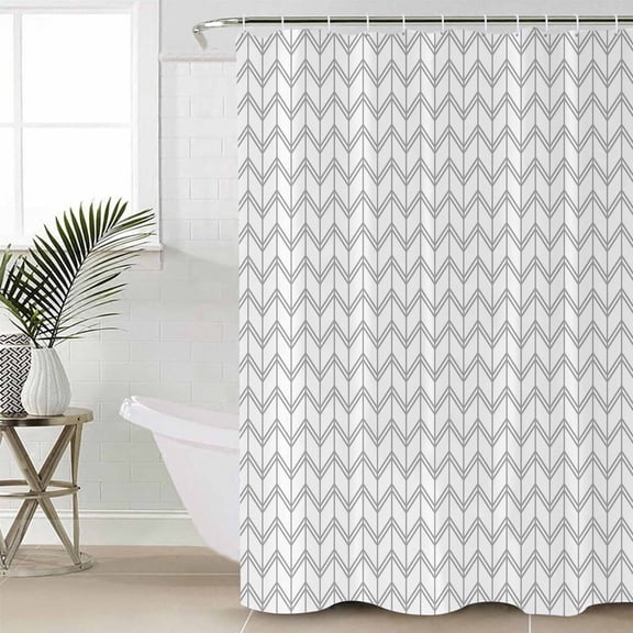 Boho Gray Shower Curtain Set, Waterproof Shower Curtains for Bathroom, White Chevron Stripes Abstract Geometric Washable Fabric Cloth Bath Curtain for Bathtub Decoration with Hooks 48x72 Inches