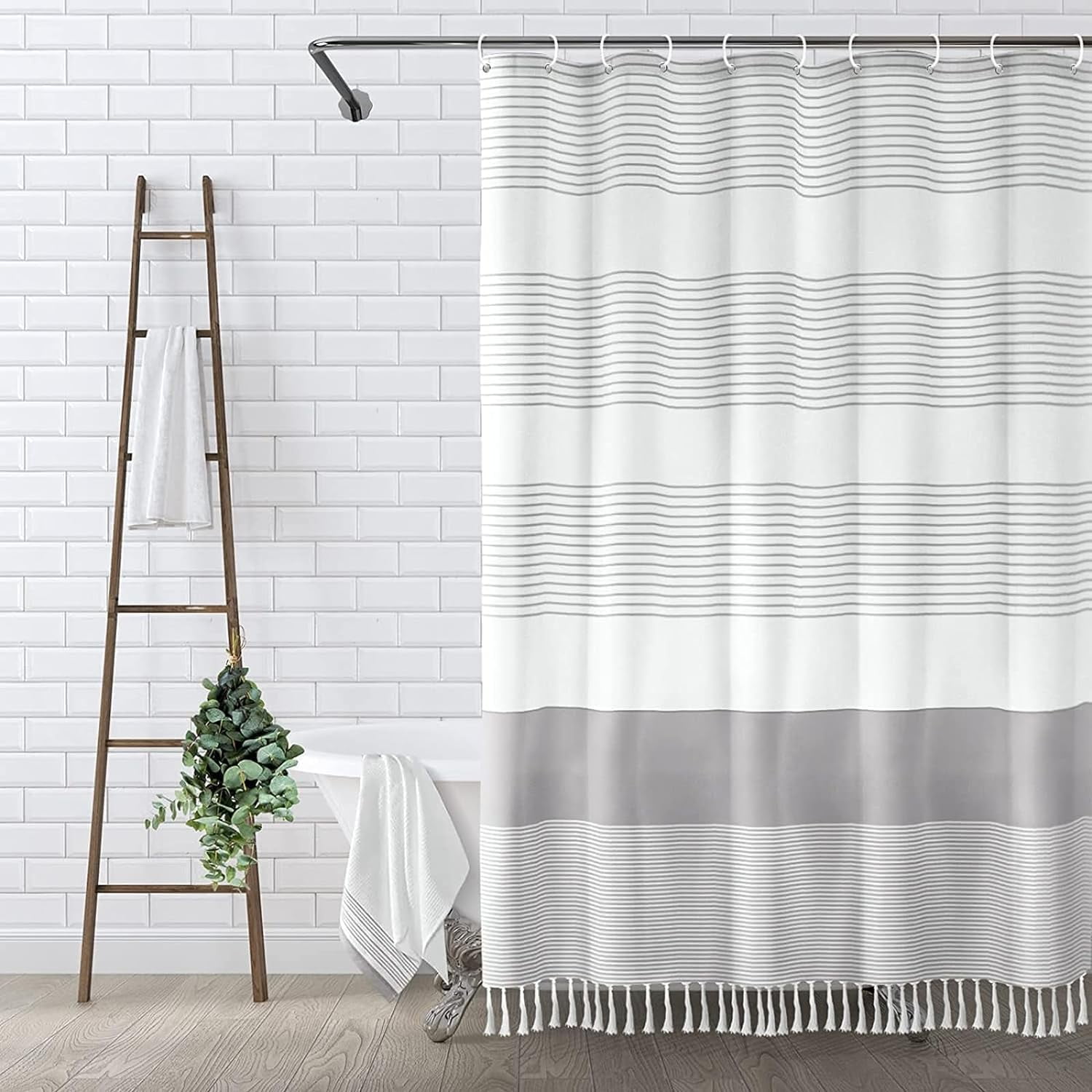 Psoiuetr Boho Gray Shower Curtain for Bathroom Stripe Tassel Fabric Shower Curtain 72 X 72 Inches Farmhouse Linen - Walmart.com