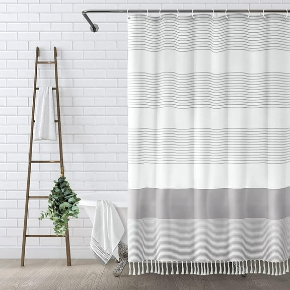 Psoiuetr Boho Gray Shower Curtain for Bathroom Stripe Tassel Fabric Shower Curtain 72 X 72 Inches Farmhouse Linen