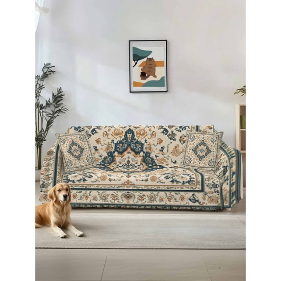 Boho Green Beige Couch Cover for 2 Cushion Couch, Ethnic Southwestern Retro Geometric Washable Love Seat Sofa Covers Slipcover, Throw Sofa Covers for Pets, Furniture Protector 71"x102"