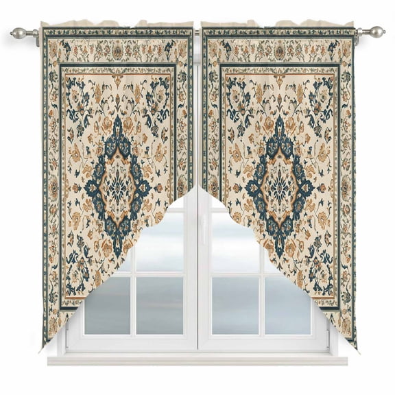 Boho Green Beige Kitchen Window Curtains, Swag Curtains Valance for Bedroom Living Room Bathroom, Ethnic Southwestern Retro Geometric Rod Pocket Window Treatment Curtain Block Drapes 2 Panels 28"x36"