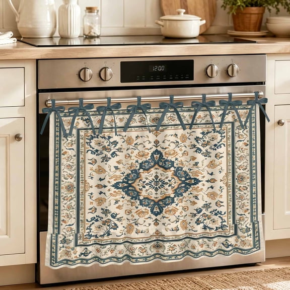 Boho Green Beige Oven Skirt Curtain 27"Wx20"L, Waterproof Ruffled Stove Cover Skirt with 8 Ribbon Ties, Ethnic Southwestern Retro Geometric Decorative Oven Door Curtain for Kitchen Dishwasher Cabinet