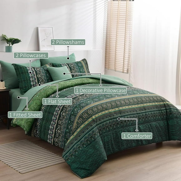 Boho Green Comforter Set Queen Size, 8-Piece Bed in a Bag with Dark Green Paisley Floral Pattern and Soft Microfiber Fabric for All Seasons