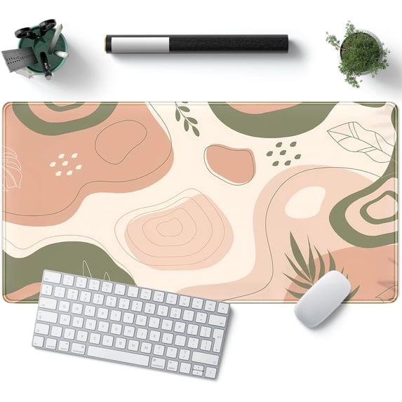 Boho Green Cream Desk Mat Boho Kawaii Green Mouse Pad Cute Desk Mat, Large Aesthetic Mouse Pad XL Desk Decor for Women with Stitched Edge Mouse Desk Pad for Keyboard and Mouse Desk Pad, 31.5x15.8in.