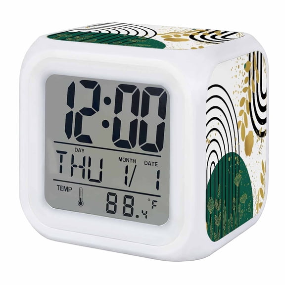 Boho Green Digital Alarm Clock for Bedrooms,Smart LED Alarm Clock with 7 Color Night Light,Gold Leaf Black Bohemian Plant Circle Flower Silent Wake Up Clocks for Sleep Study Cooking 3.2"x3.2"