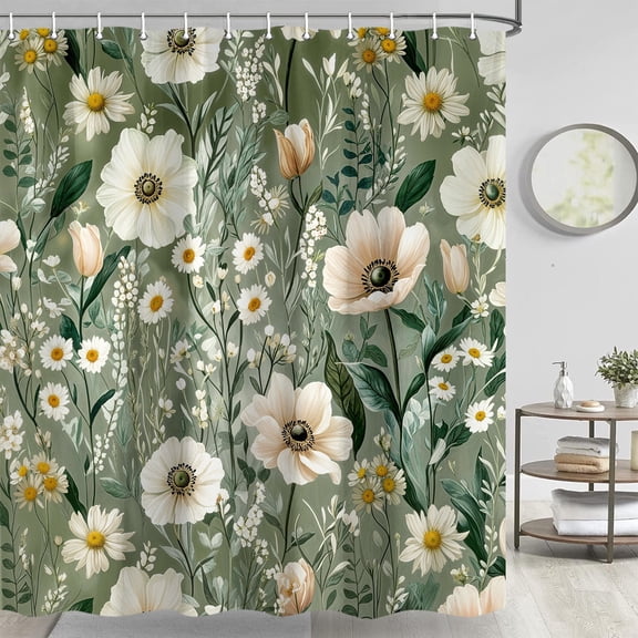 Boho Green Floral Shower Curtain for Bathroom, Modern Farmhouse Flower Leaves Plant Botanical Aesthetic Shower Curtain Set, Spring Summer Chic Wildflower Bathtub Curtain Decor with Hooks, 69X70IN