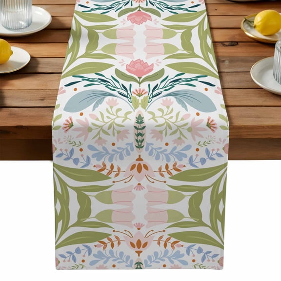 Boho Green Flower Cotton Linen Table Runner for Dining Kitchen, Botanical Watercolor Leaf Floral Wedding Outdoor Party Tablerunners Decoration, Dresser Scarf Coffee Tablecloth Runners 13x90 Inches