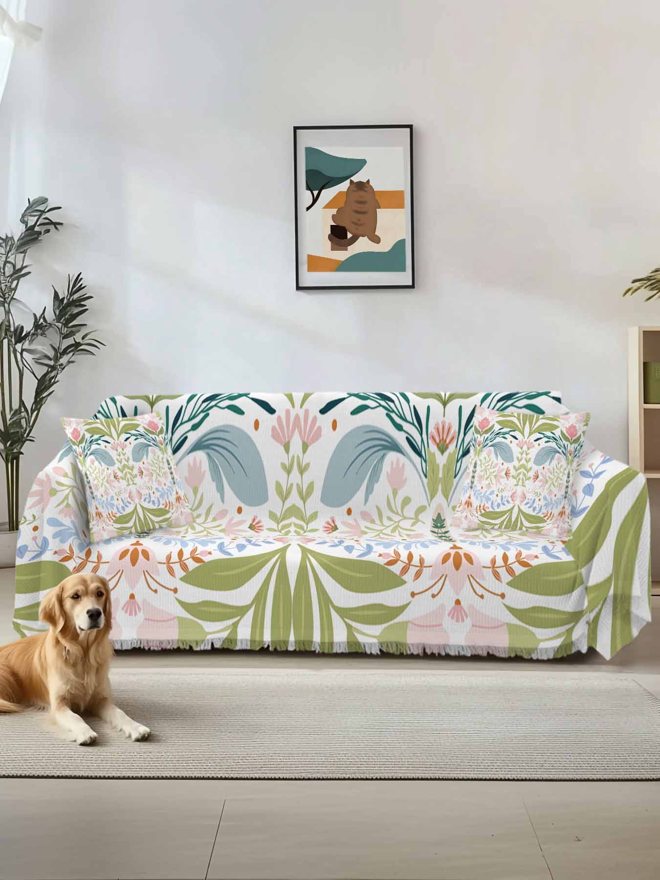 boho-green-flower-couch-cover-botanical-watercolor-leaf-floral-sofa