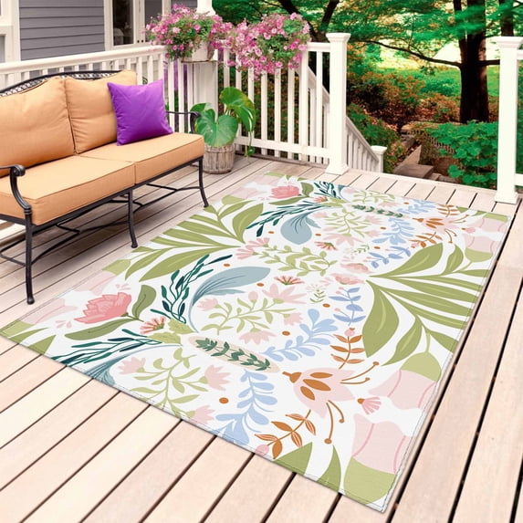 Boho Green Flower Outdoor Rug for Patio/Deck/Porch, Non-Slip Large Area Rug 5 x 8 Ft, Botanical Watercolor Leaf Floral Indoor Outdoor Rugs Washable Area Rugs, Reversible Camping Rug Carpet Runner