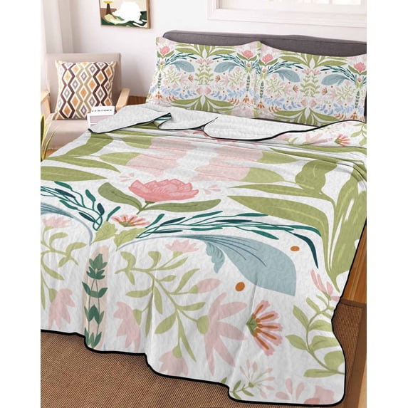 Boho Green Flower Queen Size Down Alternative Comforter, Lightweight Comforter Quilt Bedding Set with Pillow Shams Botanical Watercolor Leaf Floral All Seasons Bed Comforter Duvet Insert 90"x96"