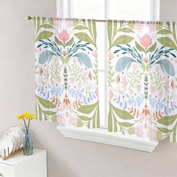 Boho Green Flower Semi Sheer Curtains 45 Inch Length 2 Panels Set, Botanical Watercolor Leaf Floral Sheer Kitchen Curtain Privacy Voile Window Curtain for Living Room Bedroom Rod Pocket Drapes