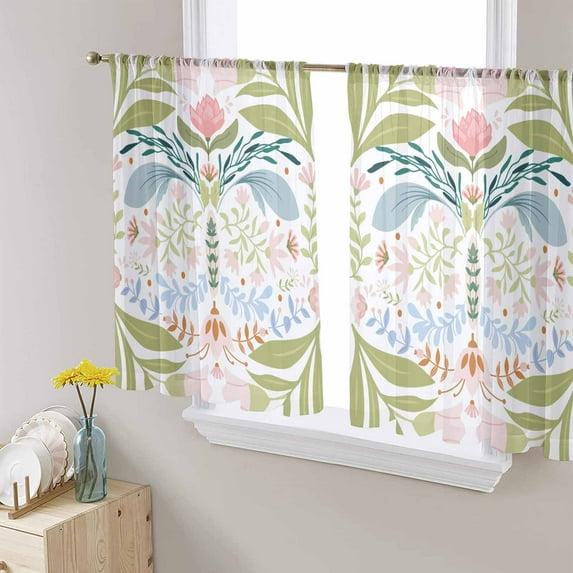 Boho Green Flower Sheer Curtains 54 Inches Length 2 Panels Set, Window Sheer Curtains for Living Room/Bedroom, Botanical Watercolor Leaf Floral Light Filtering Rod Pocket Curtain 52'' x 54'' x 2