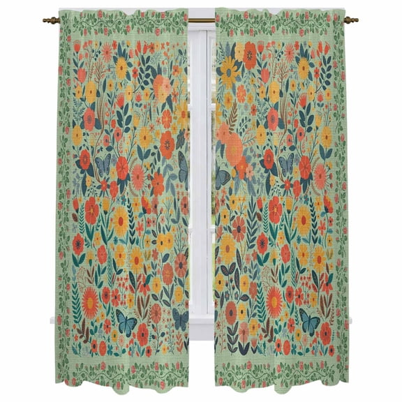 Boho Green Flowers Kitchen Curtain for Berdoom Living Room Cafe 72 Inch Length, Spring Abstract Watercolor Floral Leaf Tiers Curtains Light Filtering Drapes Window Treatment 2 Panels 52"Wx72"L
