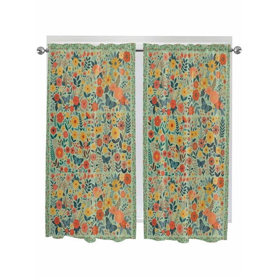 Boho Green Flowers Living Room Curtains 2 Panel, Spring Abstract Watercolor Floral Leaf Cafe Window Treatment, Extra Long Farmhouse Bedroom Bathroom Kitchen Curtains Drapes 104"x72"