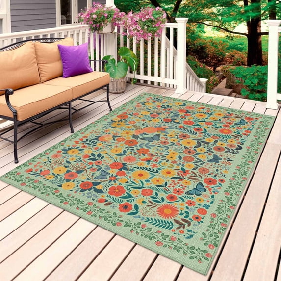 Boho Green Flowers Outdoor Rug 4x6 Ft, Non Slip Washable Area Rug, Spring Abstract Watercolor Floral Leaf Patio Rugs Carpet Runner, Large Floor Mat for Indoor/Outdoor Deck Porch Camping
