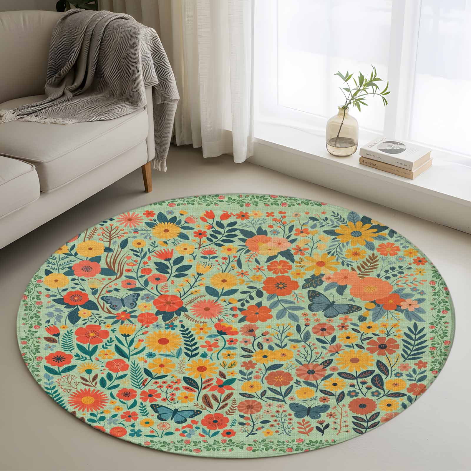 Small Garden Rugs Boho Green Flowers Round Area Rug 3Ft Washable Small Circle Rugs for ...