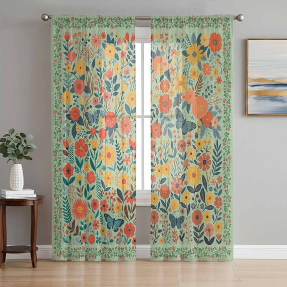 Boho Green Flowers Sheer Curtains 72 Inch Length 2 Panels Set Window Treatments, Spring Abstract Watercolor Floral Leaf Rod Pocket Semi Curtains for Living Room/Bedroom/Kitchen Décor, 104"W x 72"L