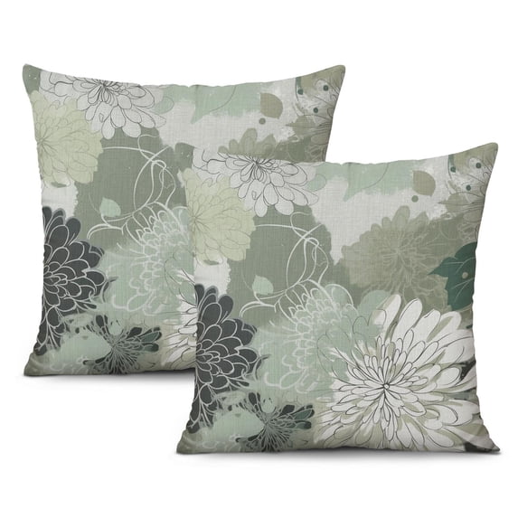 Boho Green Flowers Throw Pillow Covers 20"x20", Set Of 2, Linen Study Sofa Cushion Cover Indoor Living Room Home Decor